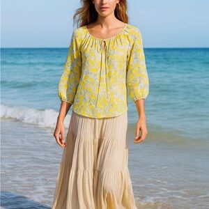 Lands End Lemon Cottagecore Boho Yellow Peasant‎ Top XL Coastal Grandma Keyhole